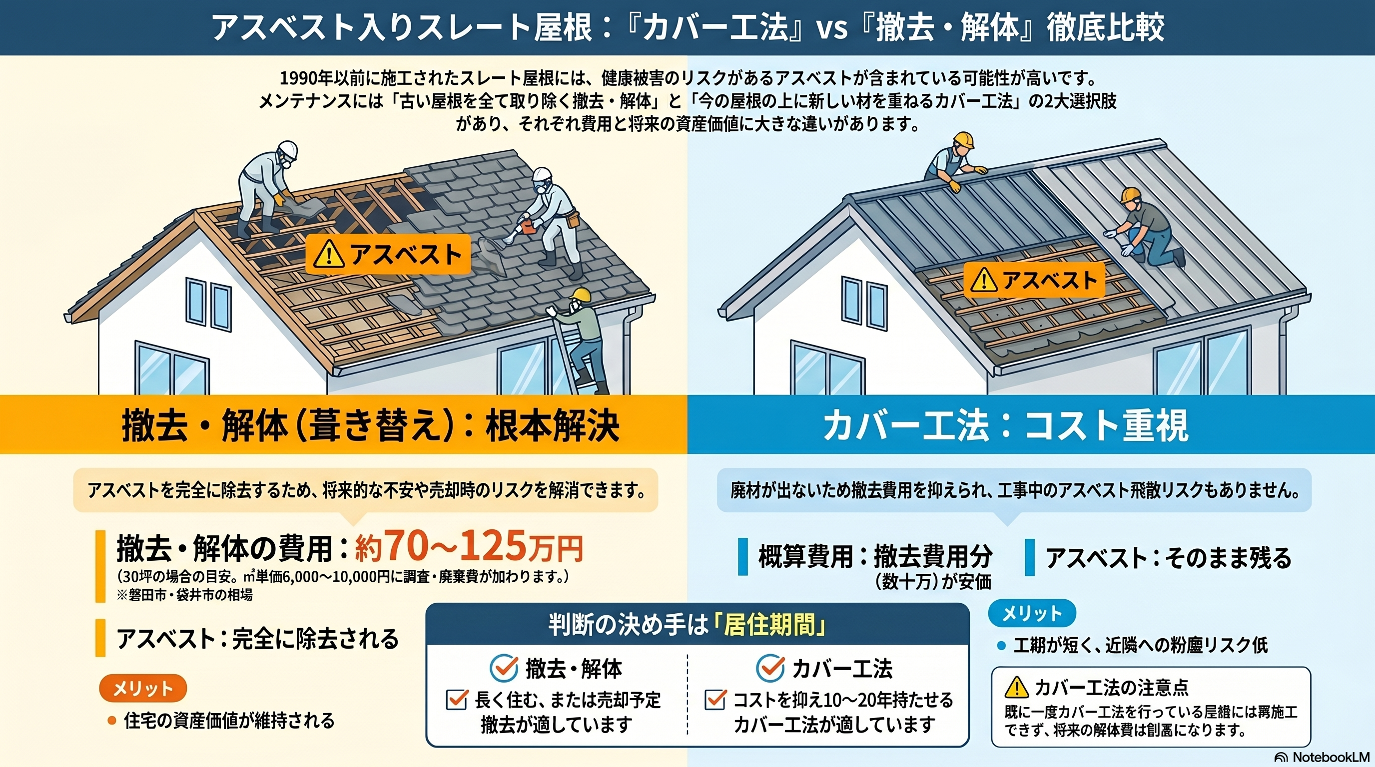 アスベスト入りスレート屋根のメンテナンス：『カバー工法』と『撤去・解体』どちらを選ぶべき？