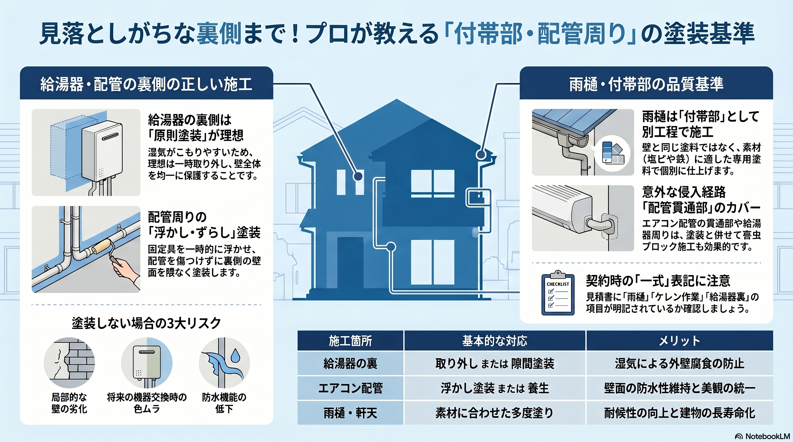 外壁塗装時、エアコン配管や雨樋・給湯器の裏側はどう塗るの？プロが教える正しい施工基準