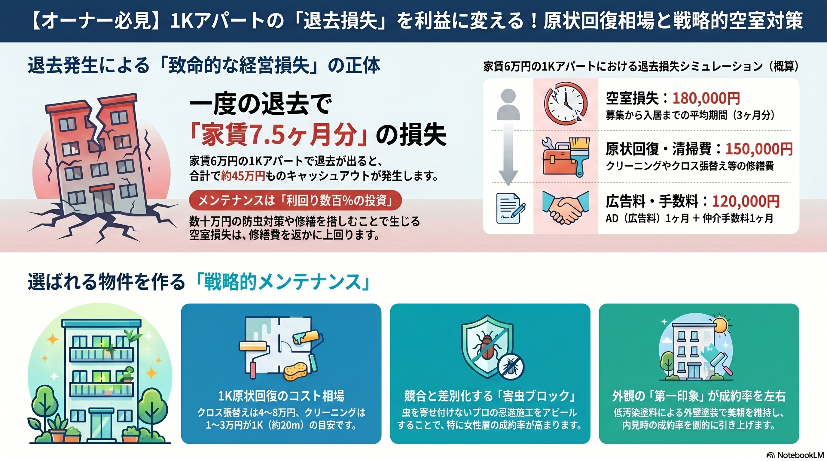【オーナー向け】1Kアパートの退去費用・原状回復の相場(クロス張替え・クリーニング)と空室対策