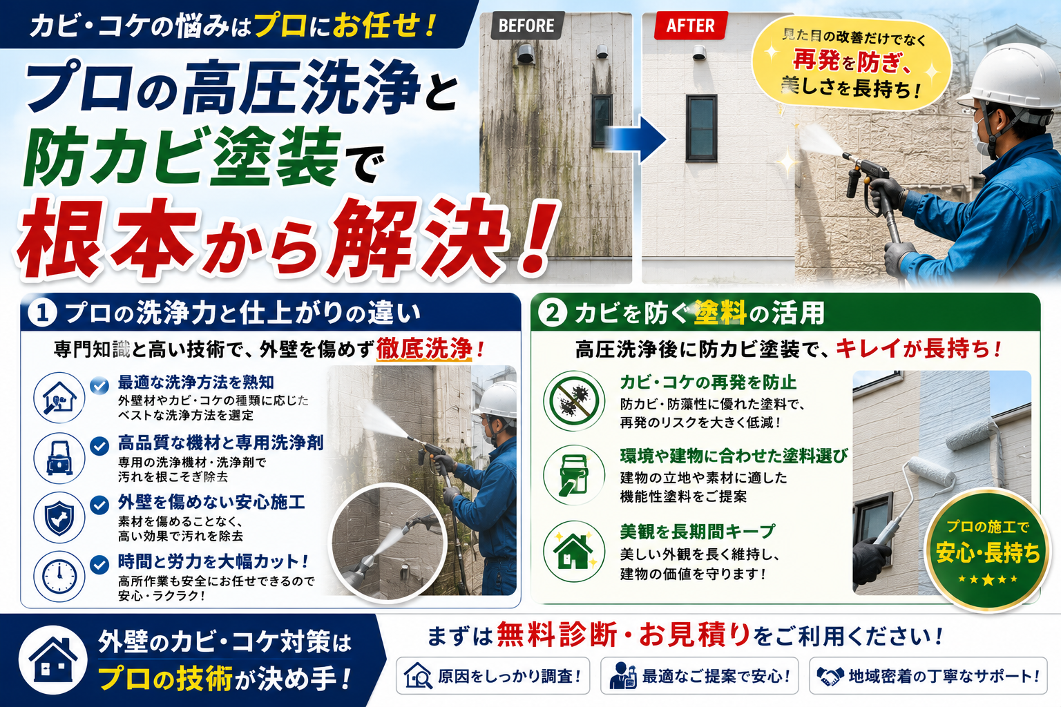 外壁の黒ずみ・緑のコケは健康被害の原因に？自分でできる掃除とプロの高圧洗浄の違い
