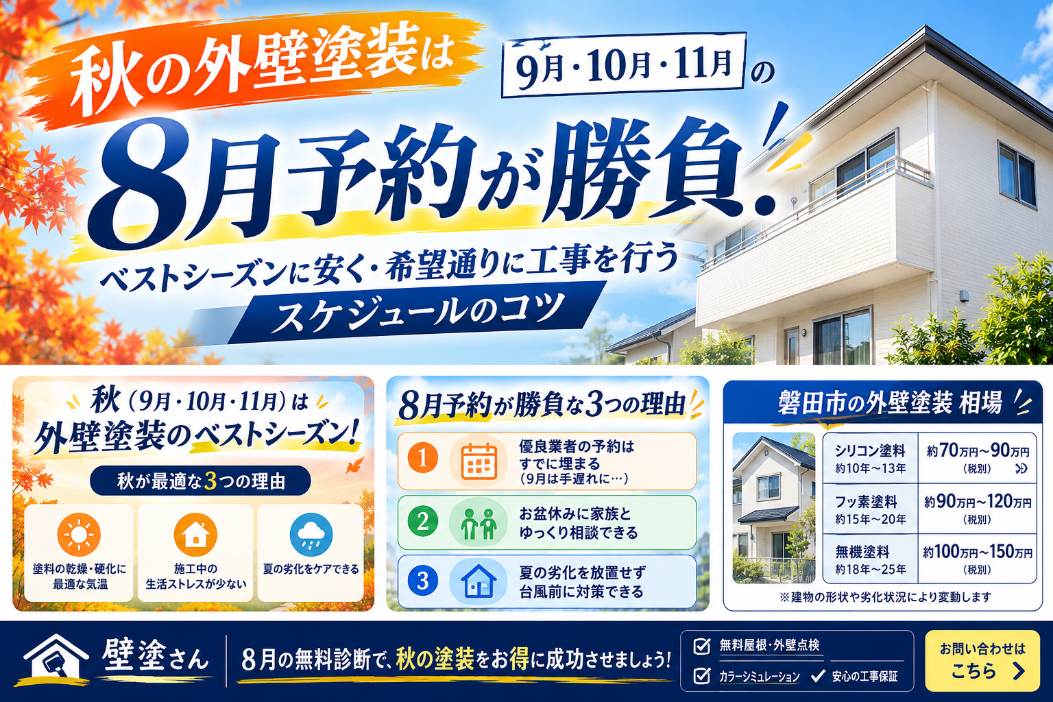 秋(9月・10月・11月)の外壁塗装は8月予約が勝負!ベストシーズンに安く・希望通りに工事を行うスケジュールのコツ