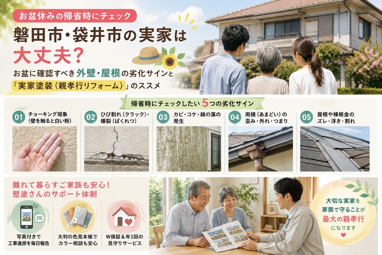 【お盆休みの帰省時にチェック】磐田市・袋井市の実家は大丈夫？お盆に確認すべき外壁・屋根の劣化サインと「実家塗装（親孝行リフォーム）」のススメ