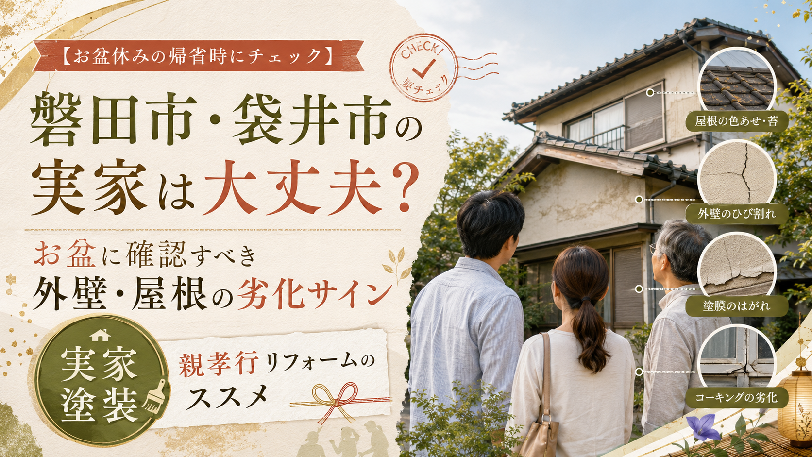【お盆休みの帰省時にチェック】磐田市・袋井市の実家は大丈夫？お盆に確認すべき外壁・屋根の劣化サインと「実家塗装（親孝行リフォーム）」のススメ