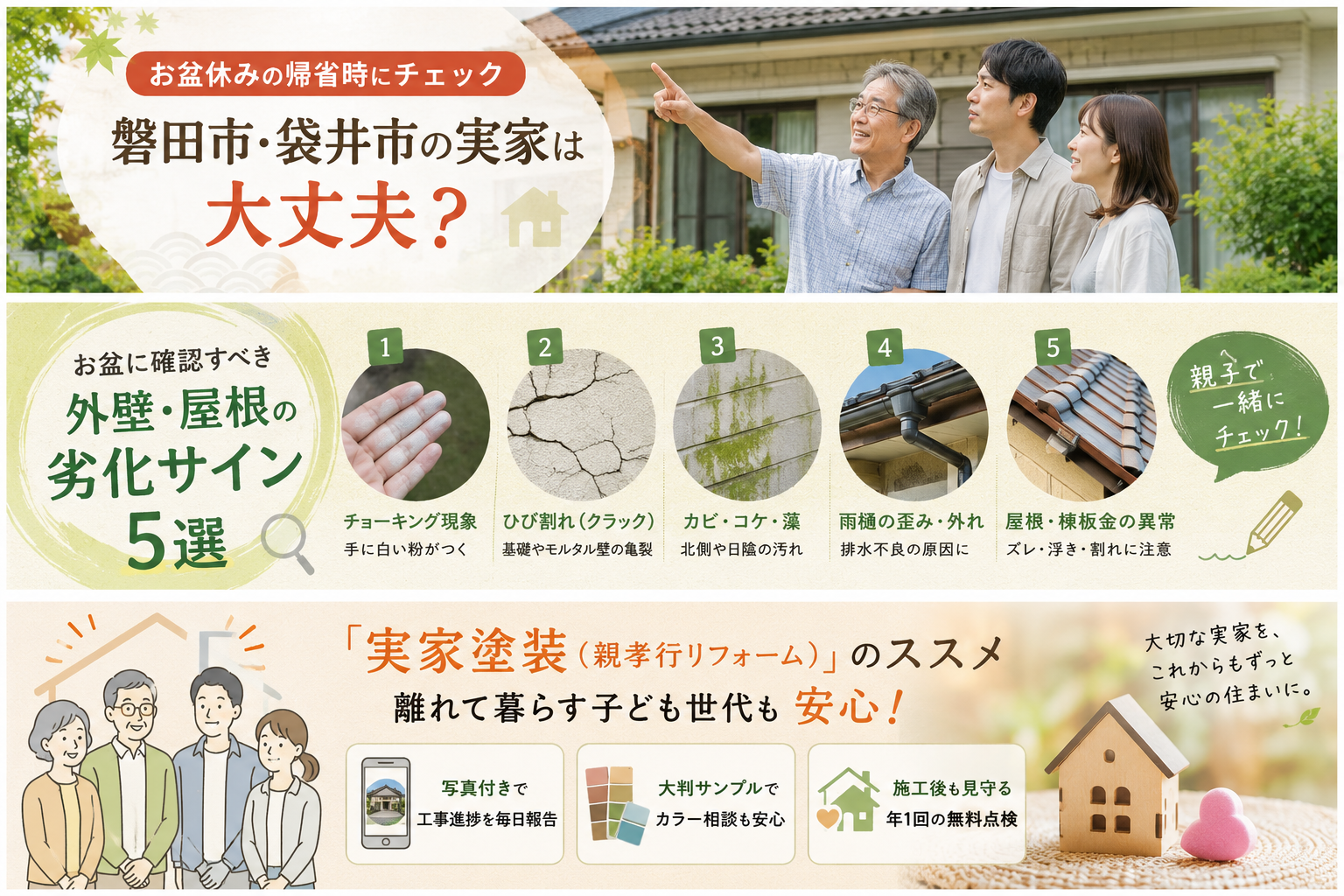 【お盆休みの帰省時にチェック】磐田市・袋井市の実家は大丈夫？お盆に確認すべき外壁・屋根の劣化サインと「実家塗装（親孝行リフォーム）」のススメ