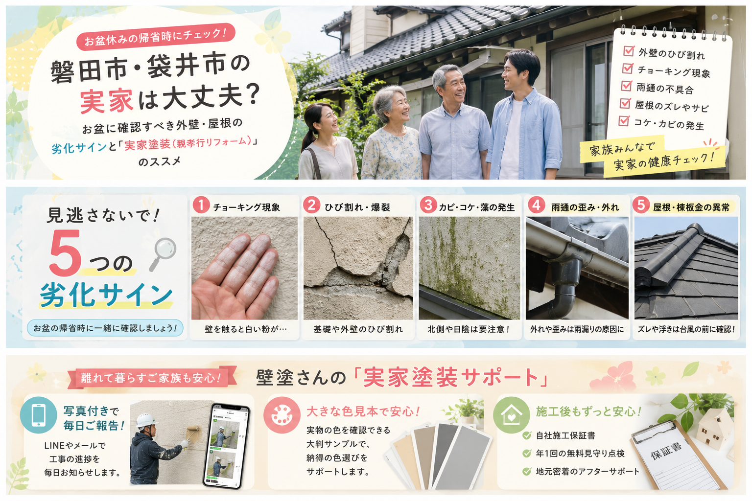 【お盆休みの帰省時にチェック】磐田市・袋井市の実家は大丈夫？お盆に確認すべき外壁・屋根の劣化サインと「実家塗装（親孝行リフォーム）」のススメ