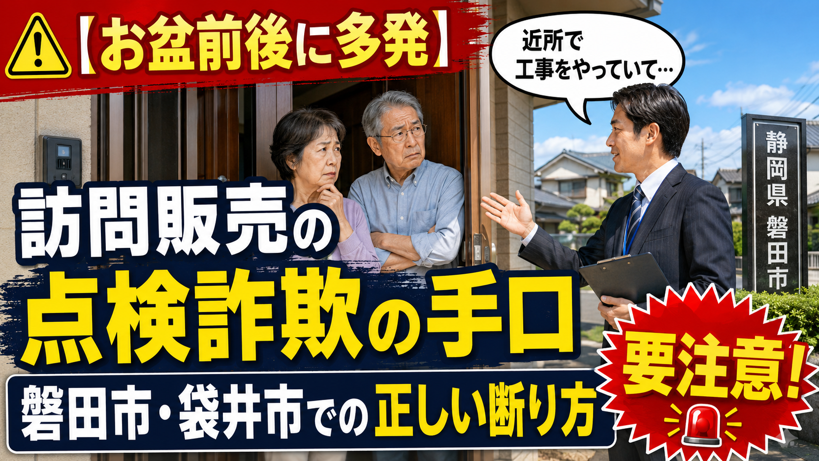 【お盆前後に多発】「近所で工事をやっていて…」訪問販売の点検詐欺の手口と磐田市・袋井市での正しい断り方