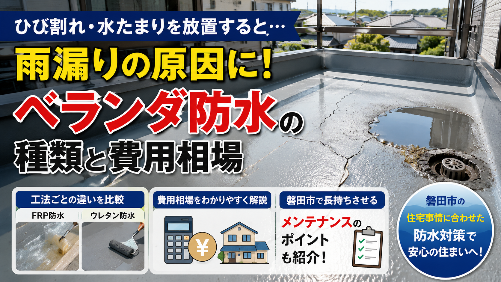 ベランダの床に水が溜まる・ヒビがあるのは雨漏りのサイン？FRP・ウレタン防水工事の費用相場と長持ちのコツ