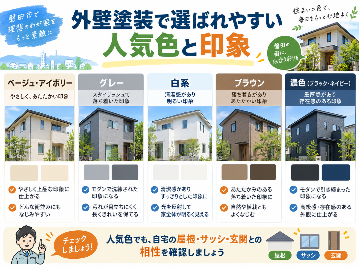 外壁塗装の色選び完全ガイド｜磐田市で後悔しない人気色・配色・失敗対策